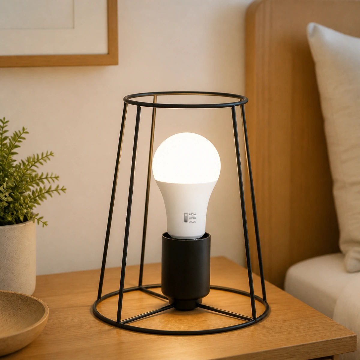 A60 3-CCT selectable LED bulb installed upright in an indoor table-lamp socket with the selector visible