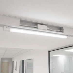 T5/T6 LED tube installed in a ceiling batten with its external driver inside a protected service compartment