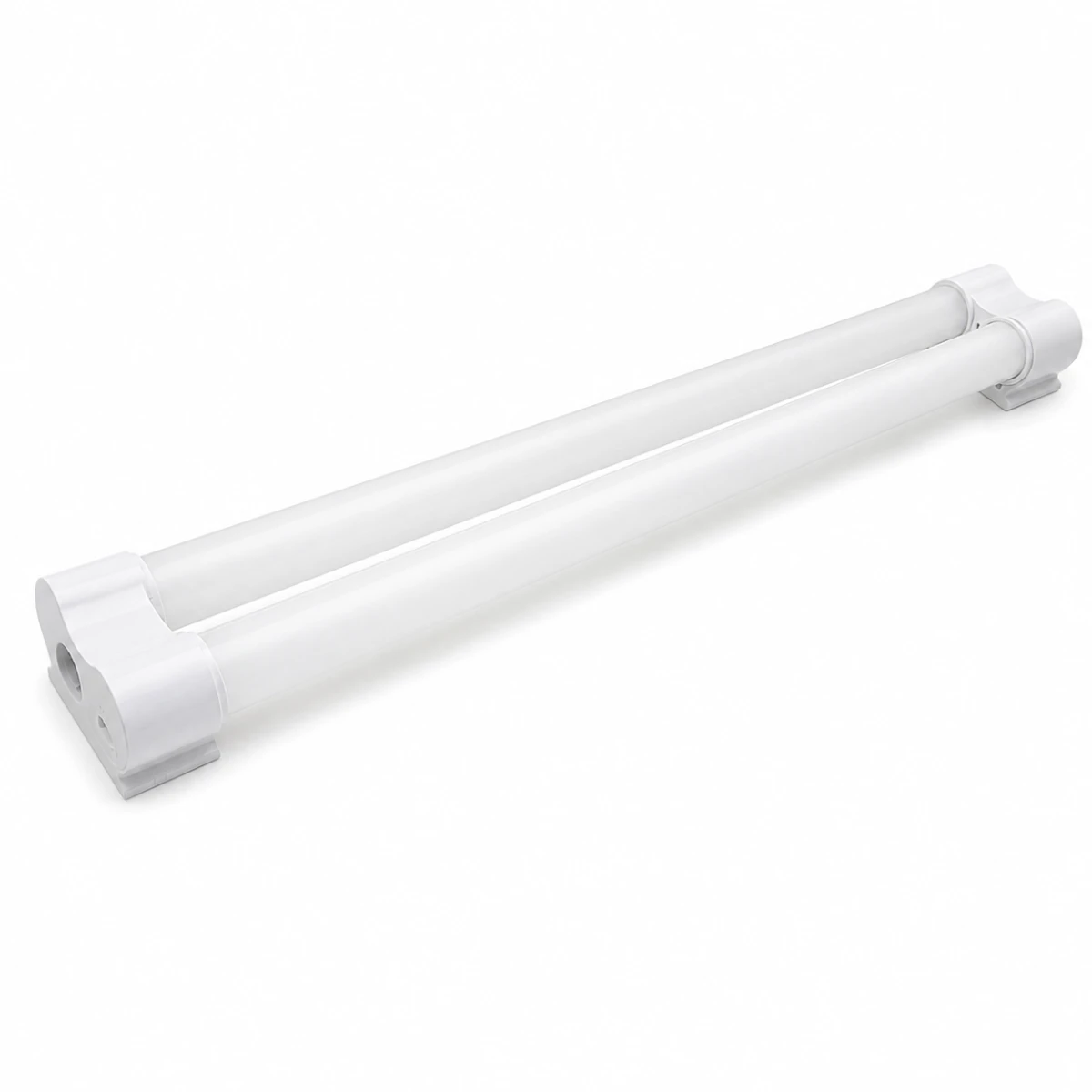 Complete double-tube T8 LED tubular shop light with shared white PC connector assemblies
