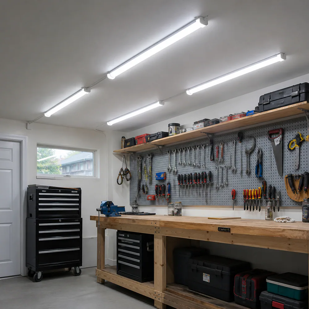 T8 LED tubular shop lights surface-mounted above a garage workshop bench