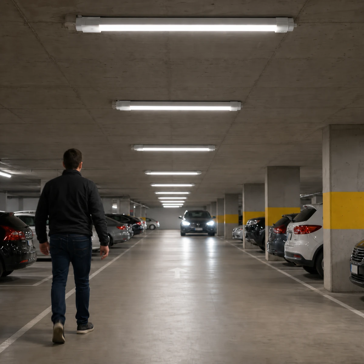 Microwave motion sensor T8 LED tubes installed in an indoor parking garage without separate detectors