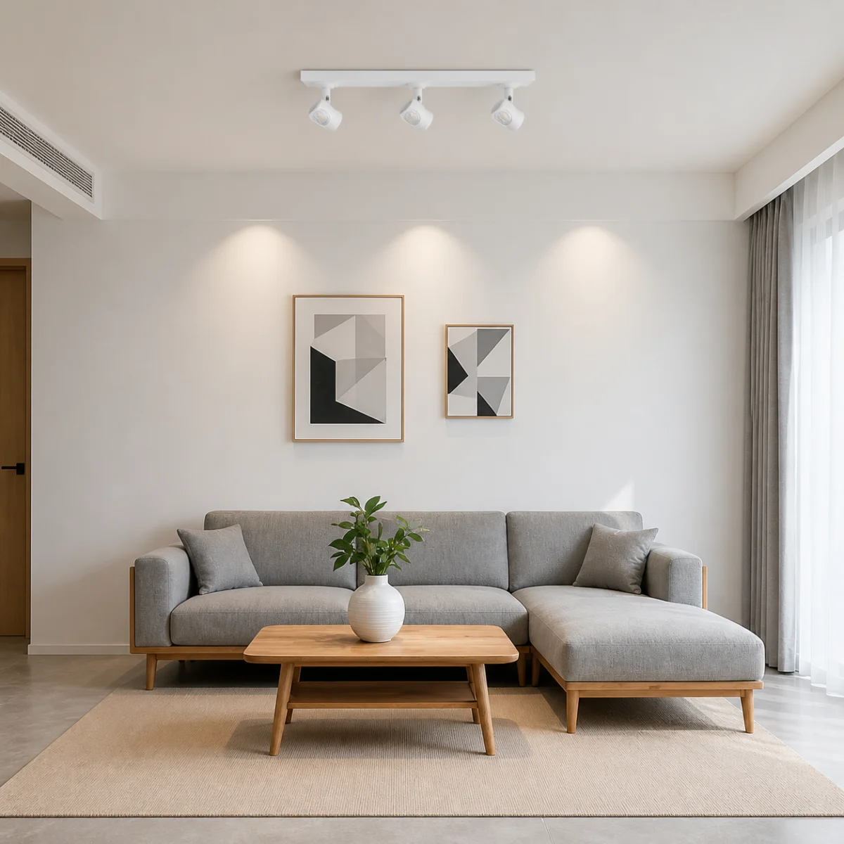 Three-head LED triospot installed above a residential living room seating area