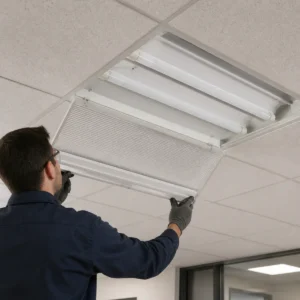 Three Type A+B hybrid T8 LED tubes seated in an open office troffer during fixture service