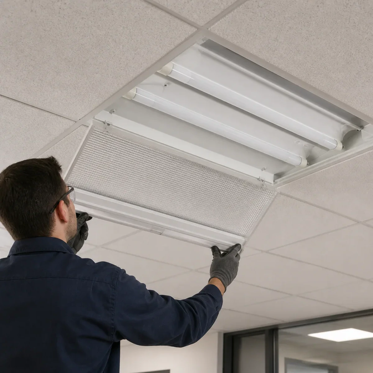 Three Type A+B hybrid T8 LED tubes seated in an open office troffer during fixture service