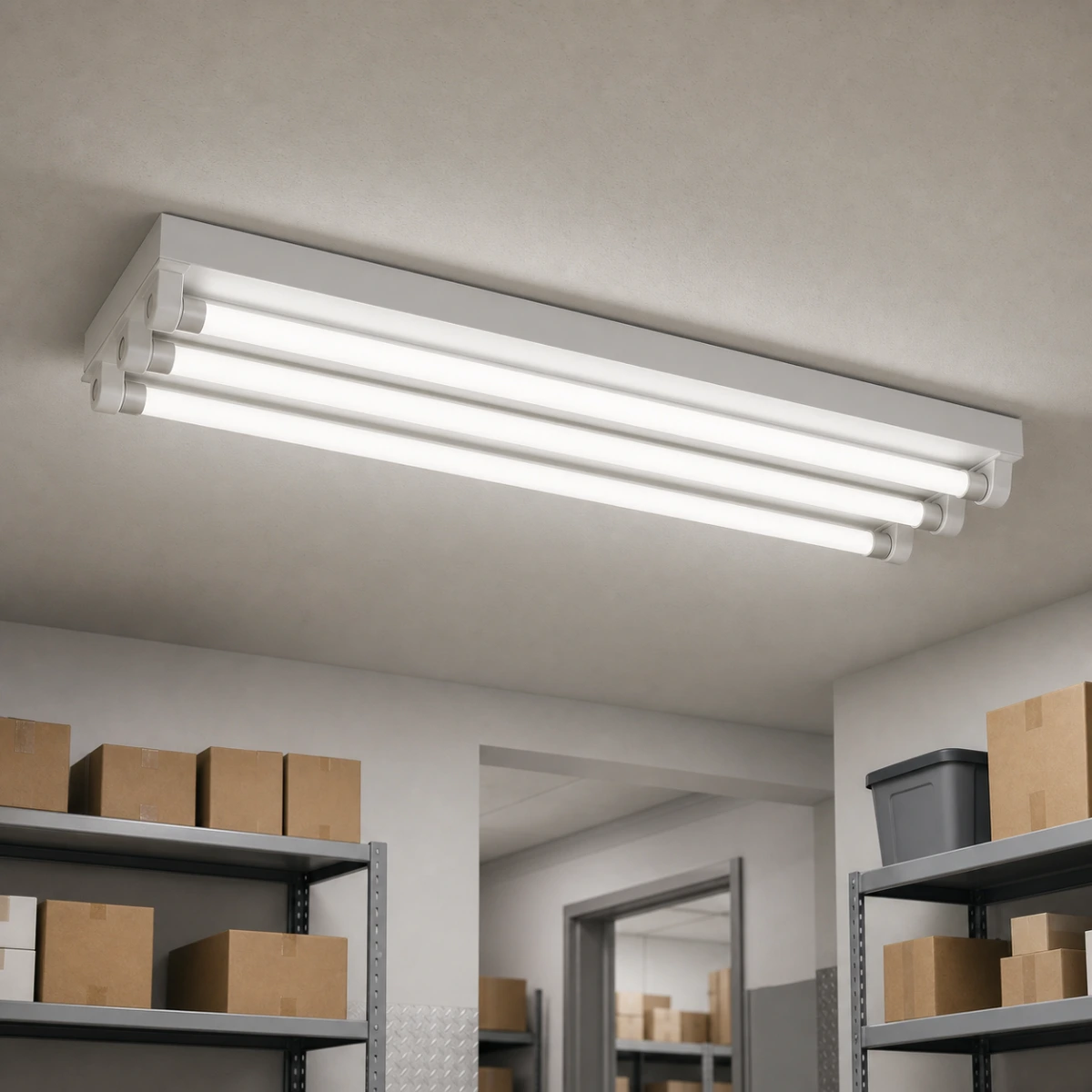 Three Type B T8 LED tubes seated in six opposing lampholders in a warehouse ceiling fixture