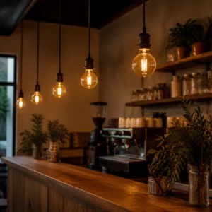 Amber vintage Edison LED filament bulbs in indoor hospitality pendants