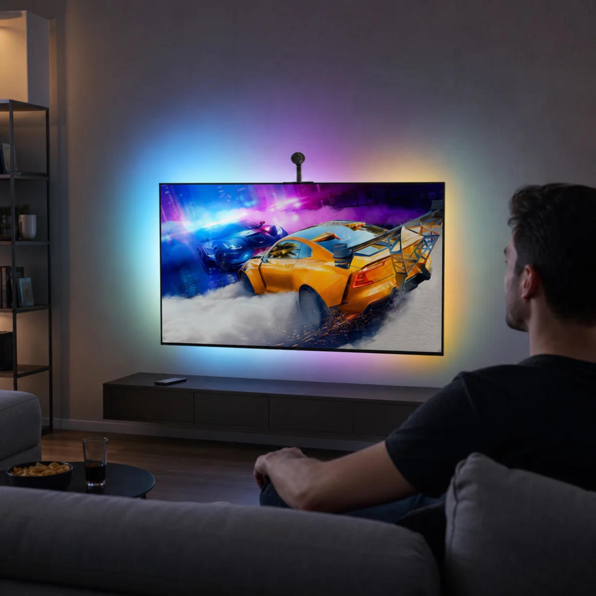 RGB backlight installed behind a 55 to 65 inch television with screen-mounted sensor