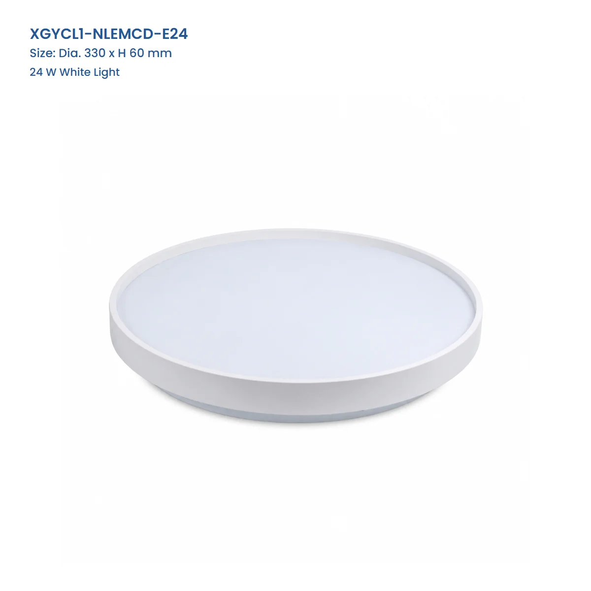 XGYCL1-NLEMCD-E24 White metal-base LED ceiling light, 330 mm diameter by 60 mm
