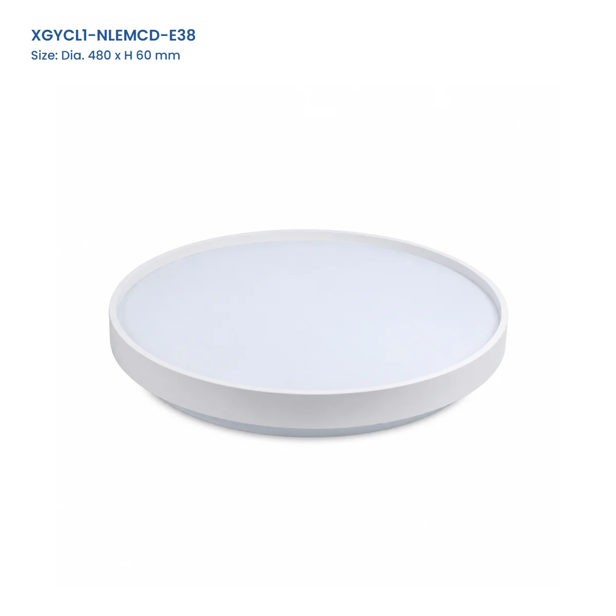 XGYCL1-NLEMCD-E38 White metal-base LED ceiling light, 480 mm diameter by 60 mm