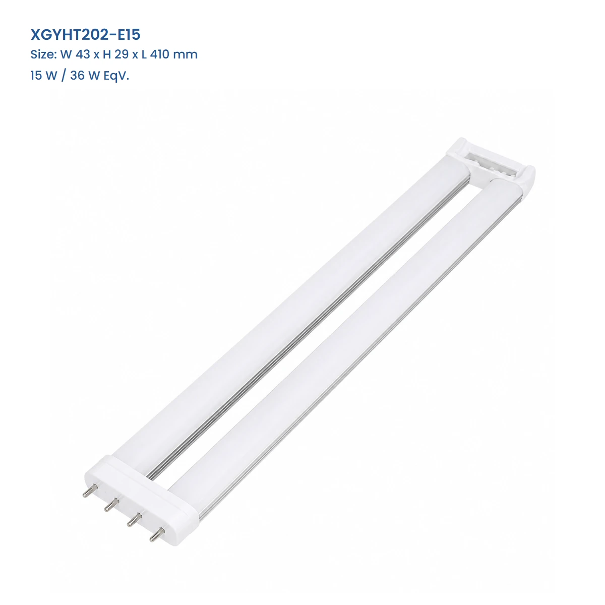 XGYHT202-E15, W 43 x H 29 x L 410 mm, 15 W / 36 W EqV., complete H-shaped four-pin lamp view