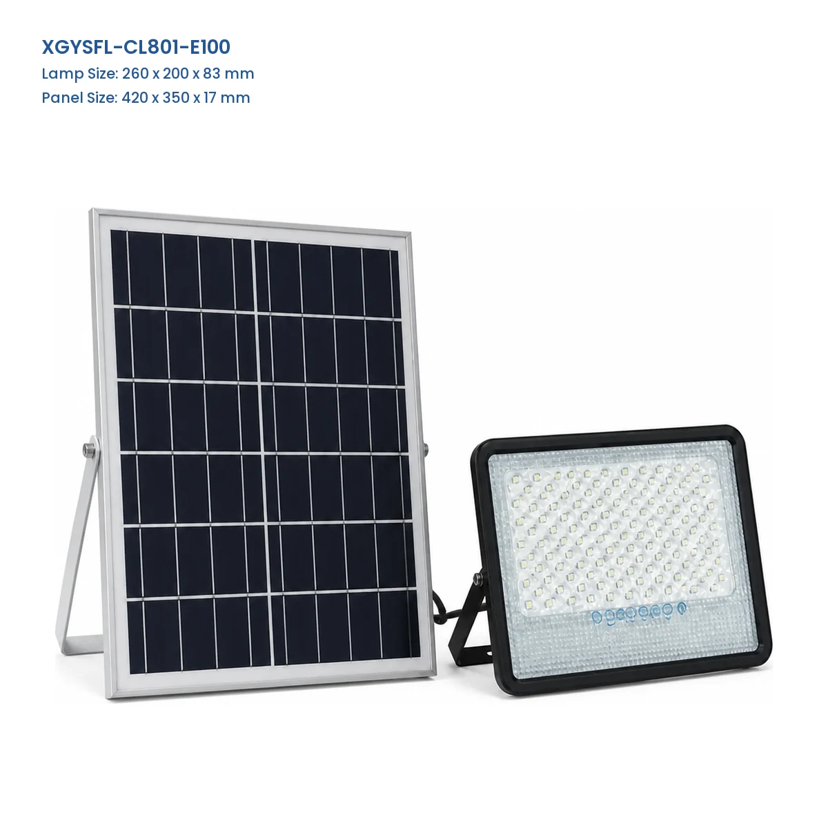 XGYSFL-CL801-E100 separate-panel solar flood light, lamp 260 x 200 x 83 mm, panel 420 x 350 x 17 mm