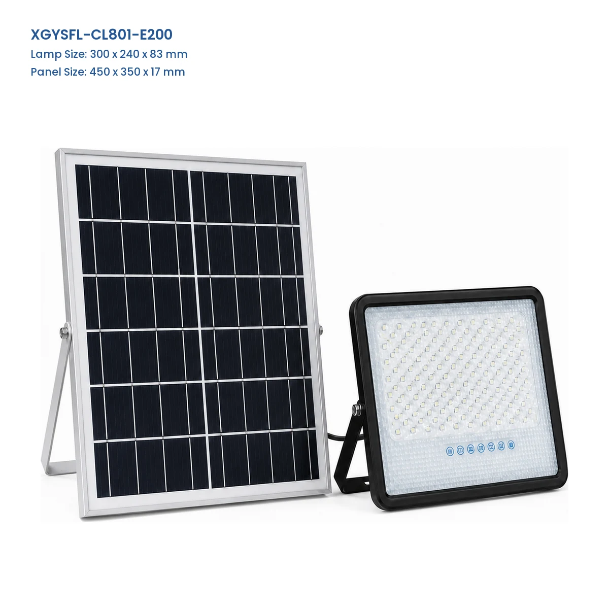 XGYSFL-CL801-E200 separate-panel solar flood light, lamp 300 x 240 x 83 mm, panel 450 x 350 x 17 mm