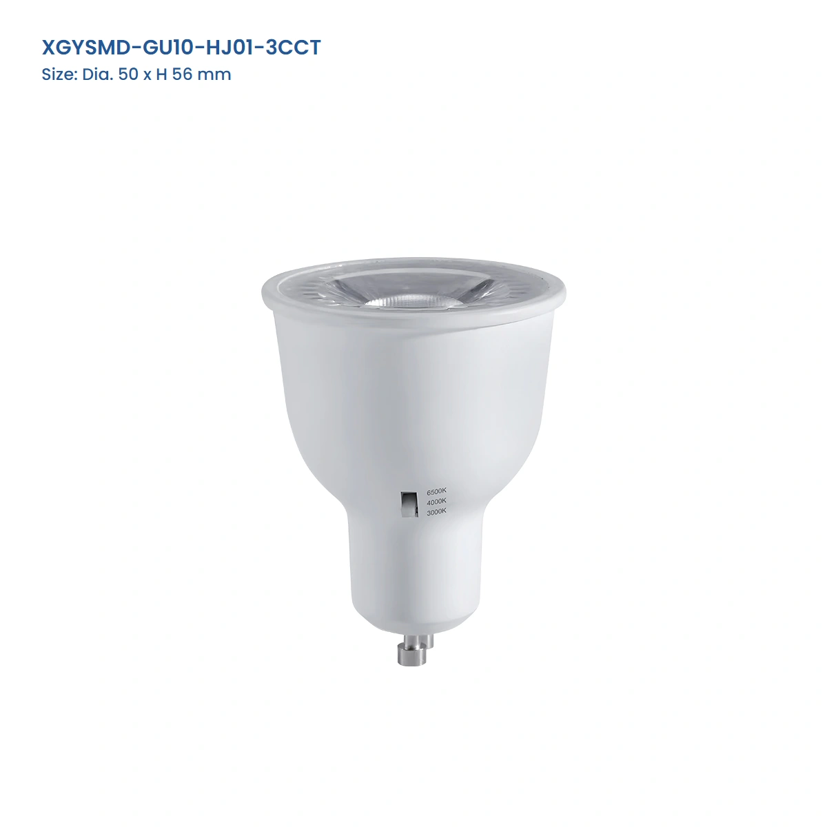 XGYSMD-GU10-HJ01-3CCT GU10 selectable-CCT LED bulb, 50 mm diameter by 56 mm high