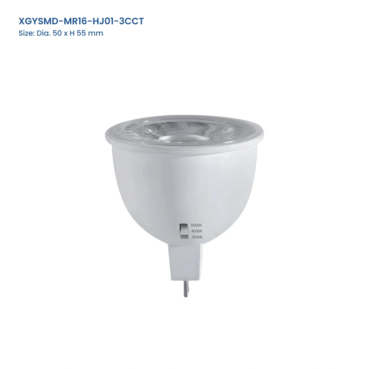 XGYSMD-MR16-HJ01-3CCT MR16 selectable-CCT LED bulb, 50 mm diameter by 55 mm high