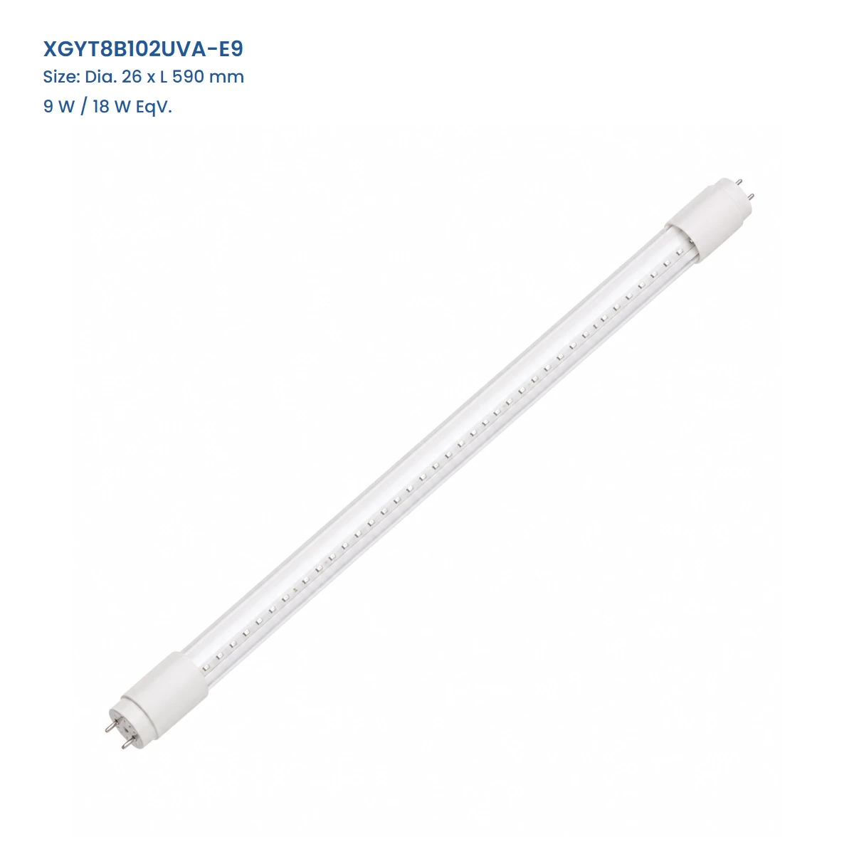 XGYT8B102UVA-E9, Dia. 26 x L 590 mm, 9 W / 18 W EqV., complete clear-glass G13 UVA LED tube view