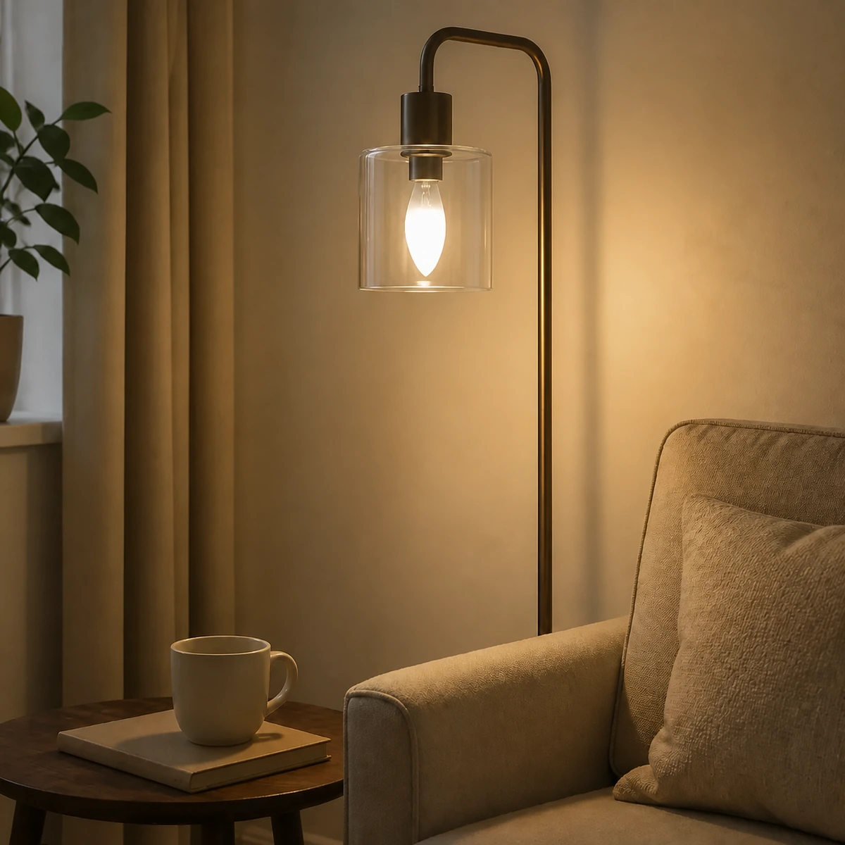 C37 LED candle bulb installed in a compatible indoor floor lamp
