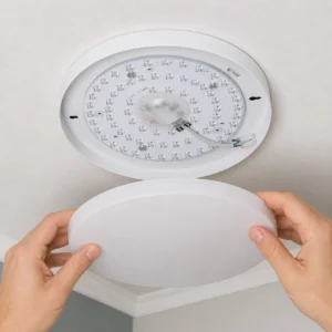 3CCT LED ceiling light replacement module mounted inside an open flush-mount fixture