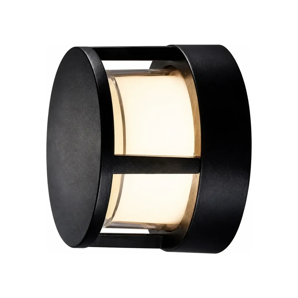 Black protective-cage LED wall light on white background