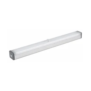 Slim silver rechargeable sensor cabinet light on white background