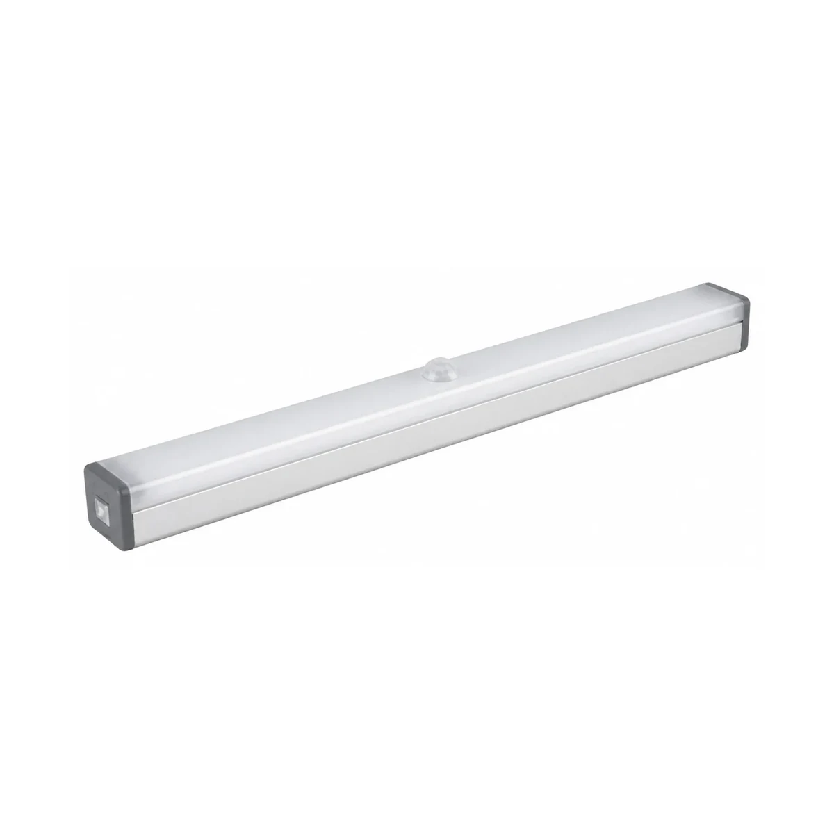 Slim silver rechargeable sensor cabinet light on white background