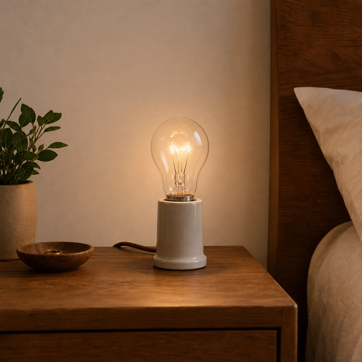 A-Series clear incandescent bulb installed in a compatible indoor table lamp