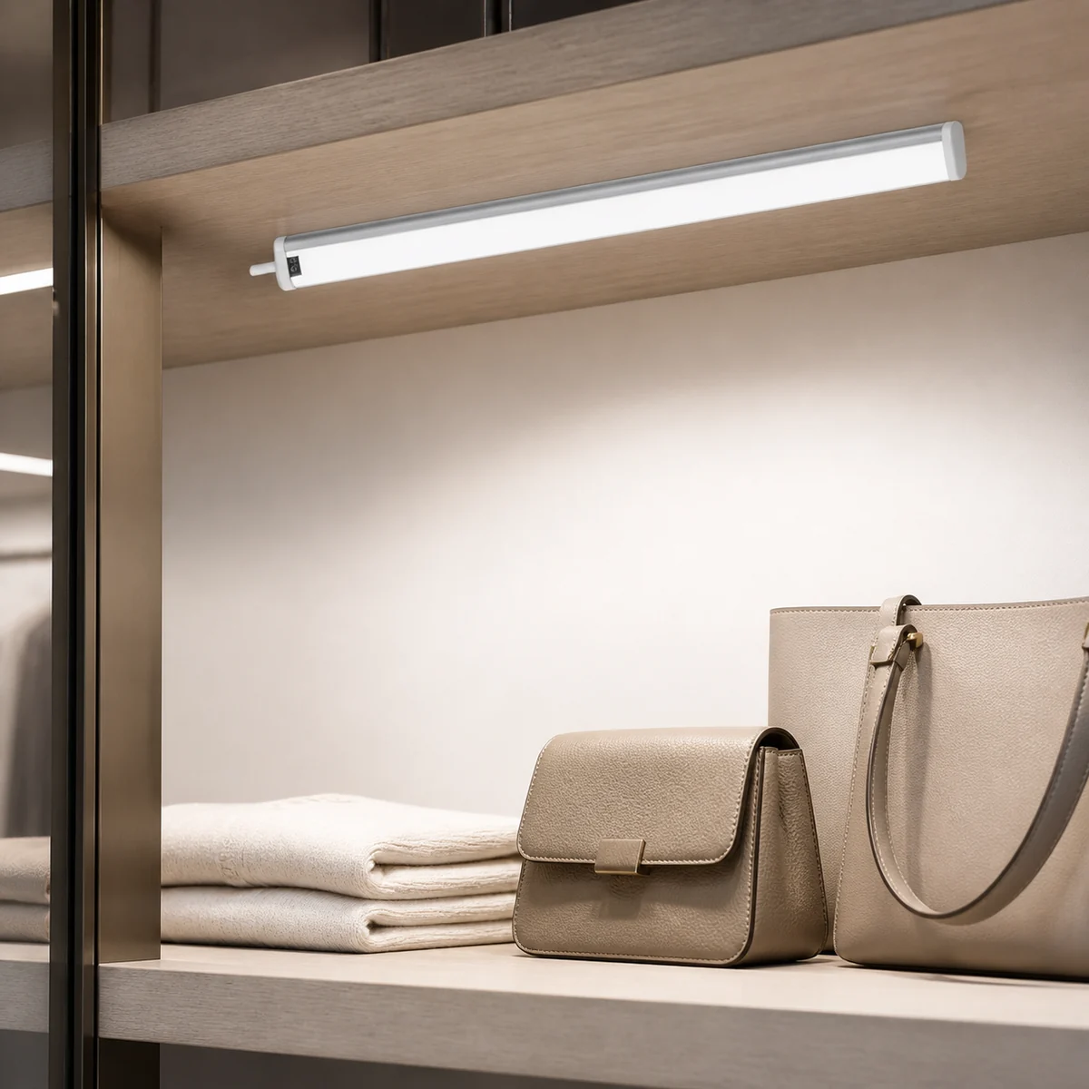 AC hand-sweep dimmable cabinet lamp installed beneath a retail display shelf
