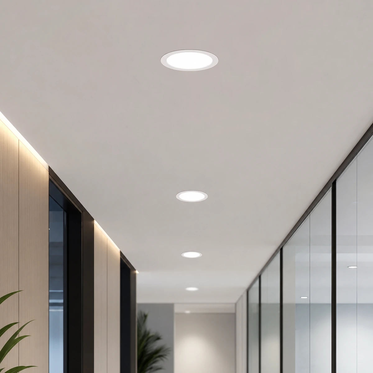 Round adjustable-clip recessed LED panel installed in an office corridor ceiling