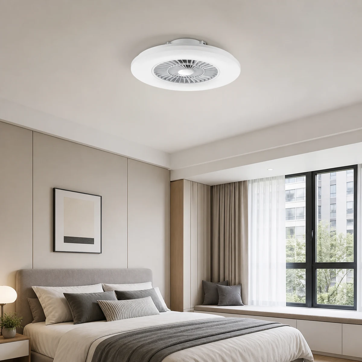 BK323052-1/2 white ceiling-mount LED fan light with grid installed in a bedroom