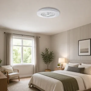 BK323146-1/2 compact white ceiling-mount LED fan light with grid installed in a bedroom