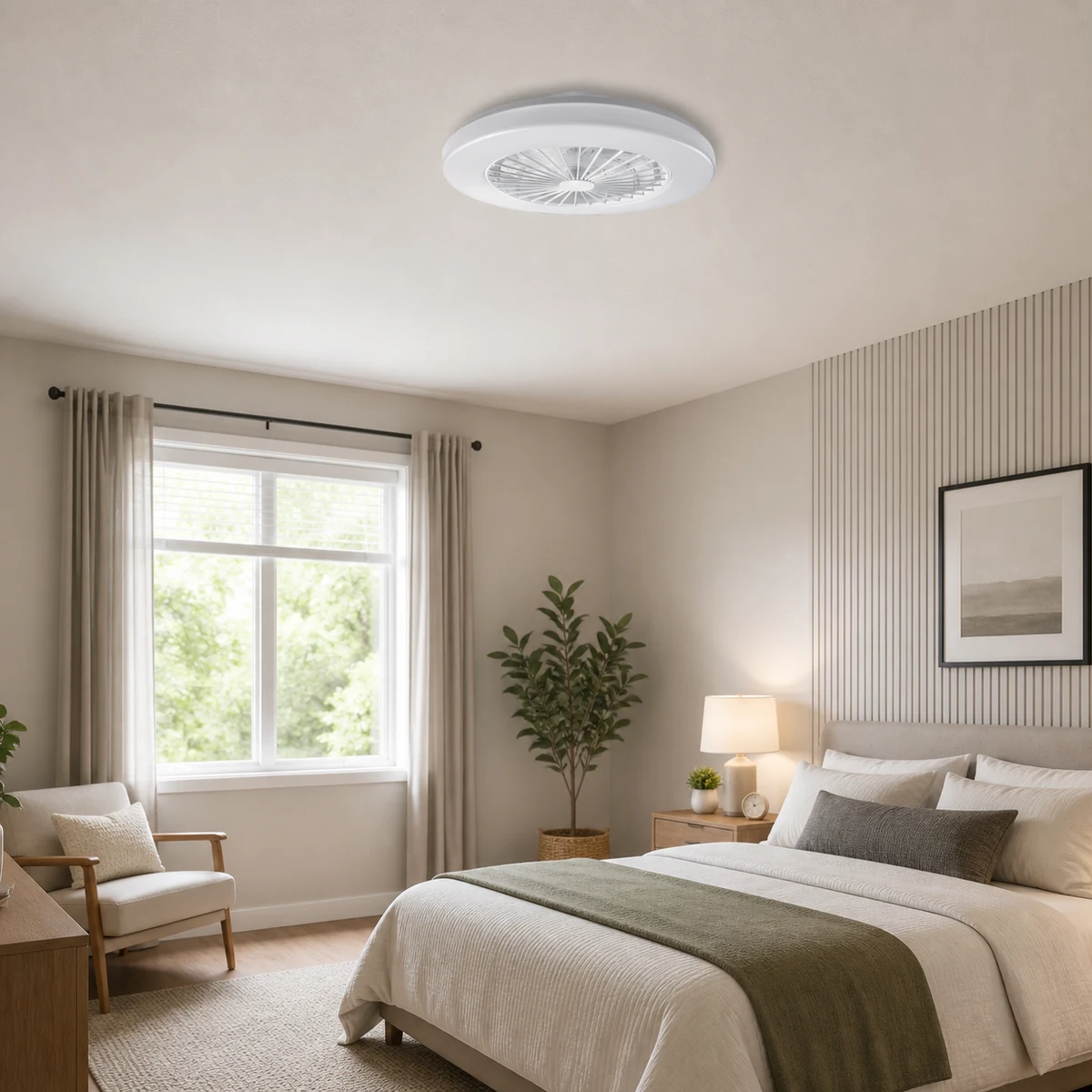 BK323146-1/2 compact white ceiling-mount LED fan light with grid installed in a bedroom