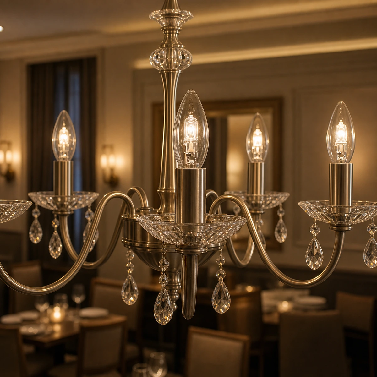 Clear C35 candle-shaped halogen bulbs installed upright in an indoor chandelier
