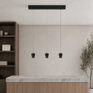 CK005D-3S three-head suspended spotlight housing with thin suspension wires installed beneath a ceiling
