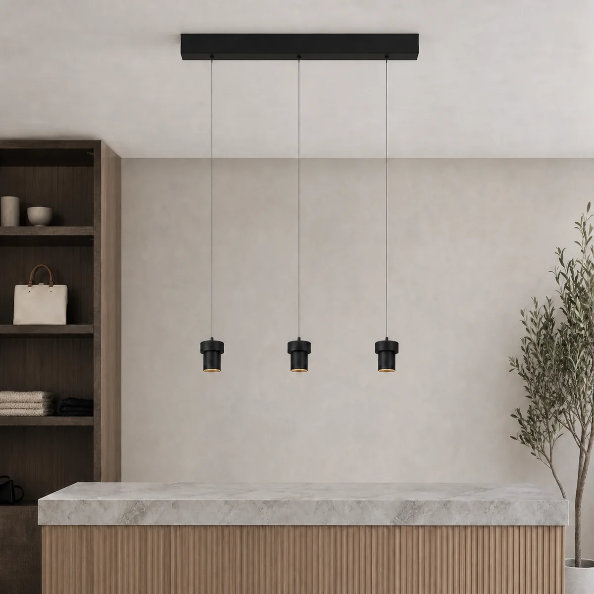CK005D-3S three-head suspended spotlight housing with thin suspension wires installed beneath a ceiling