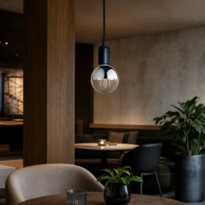 Silver-top crown-reflector LED filament bulb installed vertically in an open indoor pendant socket