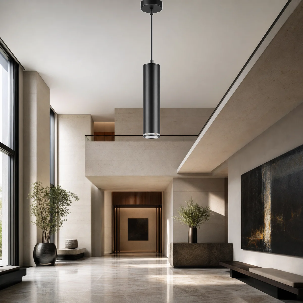 CS109D long cylindrical spotlight housing surface-mounted to a high interior ceiling