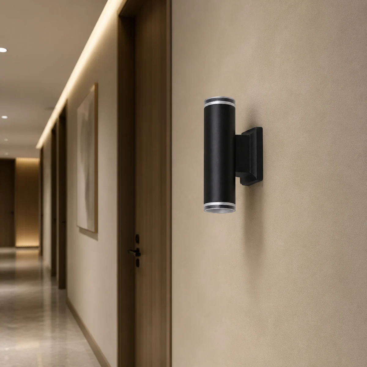 CS114R-2 up-and-down spotlight housing mounted vertically on an indoor corridor wall