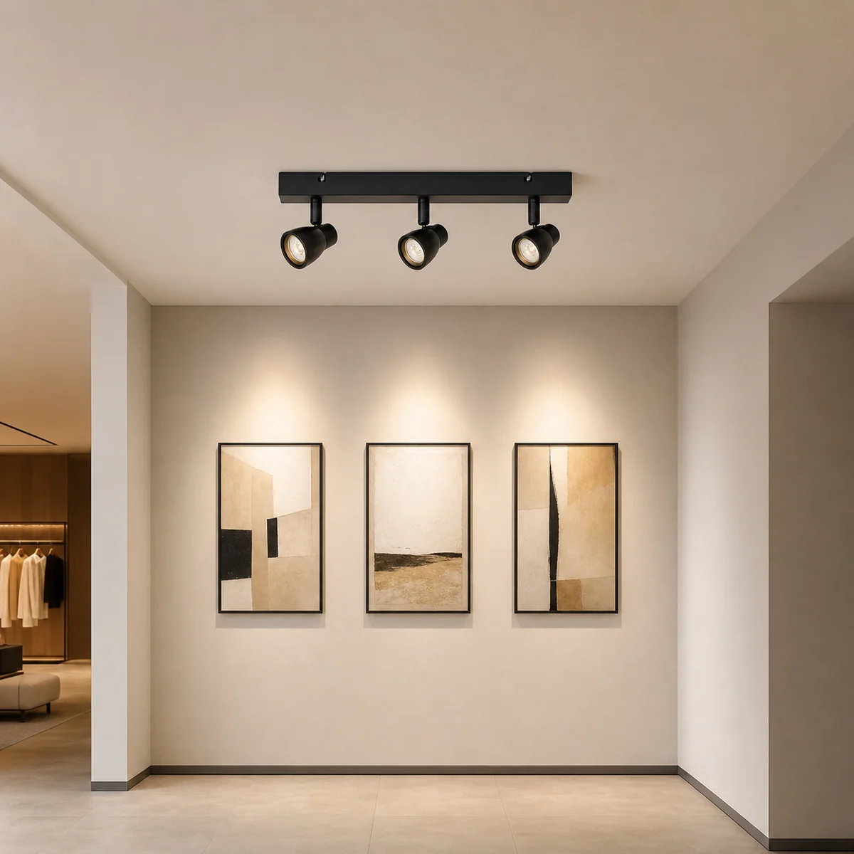 CSL-0RB3H linear three-head integrated LED spotlight mounted on a dry indoor gallery ceiling