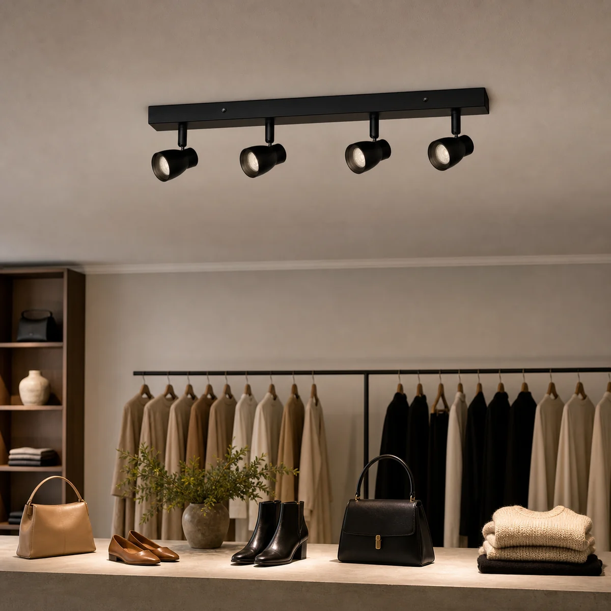 CSL-0RB4H linear four-head integrated LED spotlight mounted flush to an indoor retail ceiling