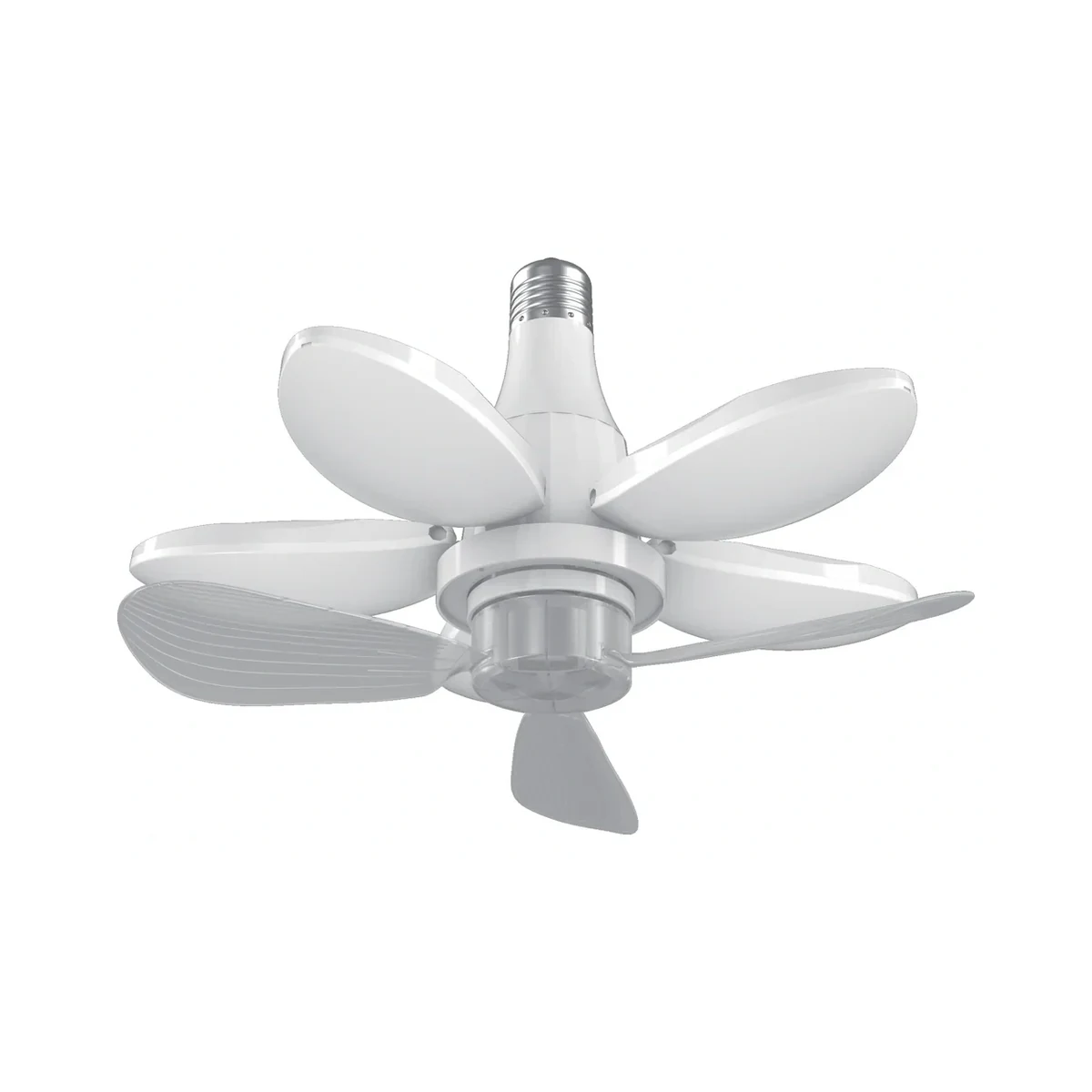 White folding-blade LED fan light on white background