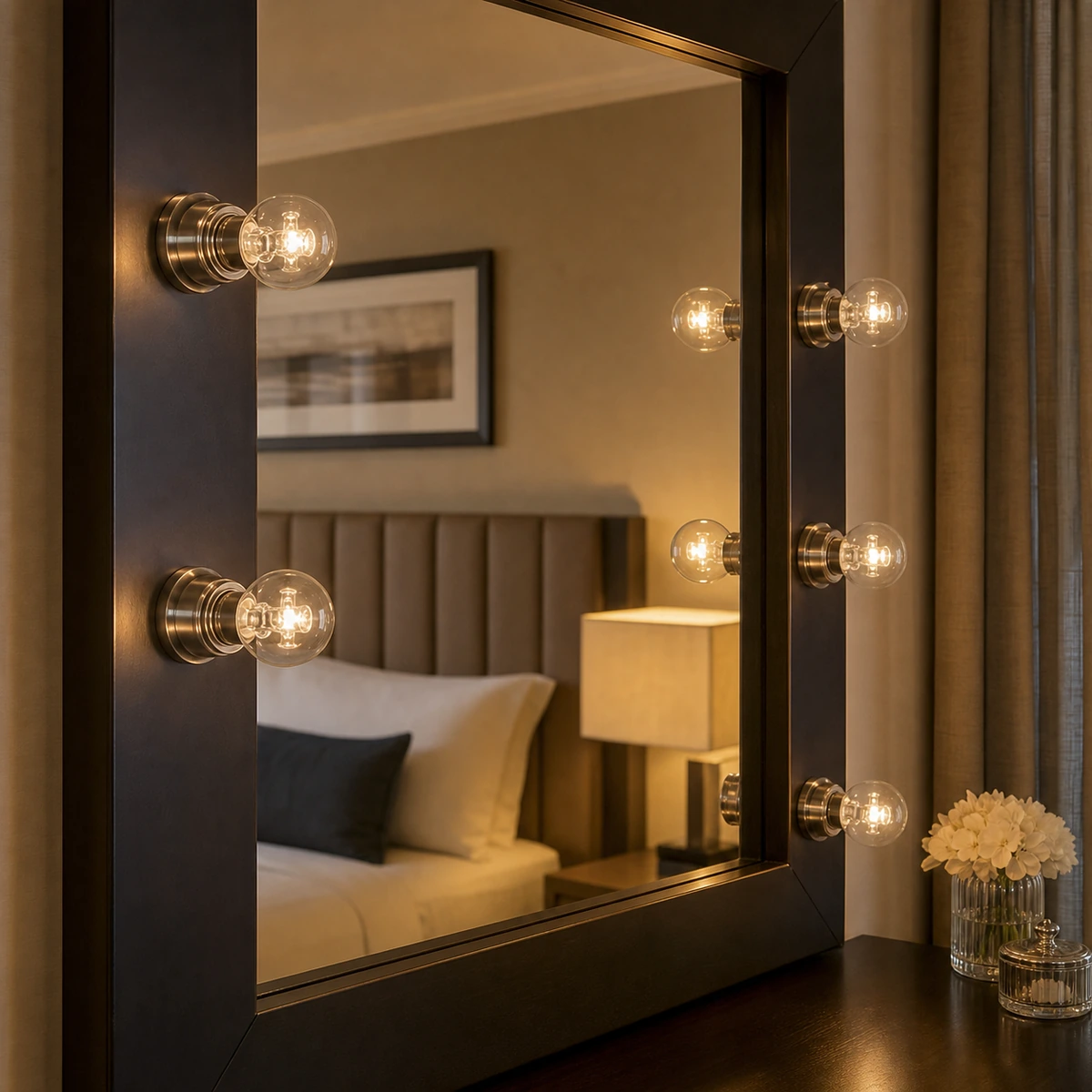 Clear G45 halogen globe bulbs installed in holders around an indoor vanity mirror
