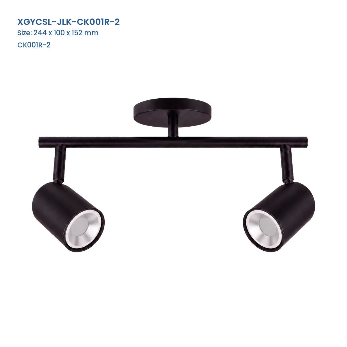 XGYCSL-JLK-CK001R-2 black 2-head surface-mounted spotlight housing, 244 x 100 x 152 mm
