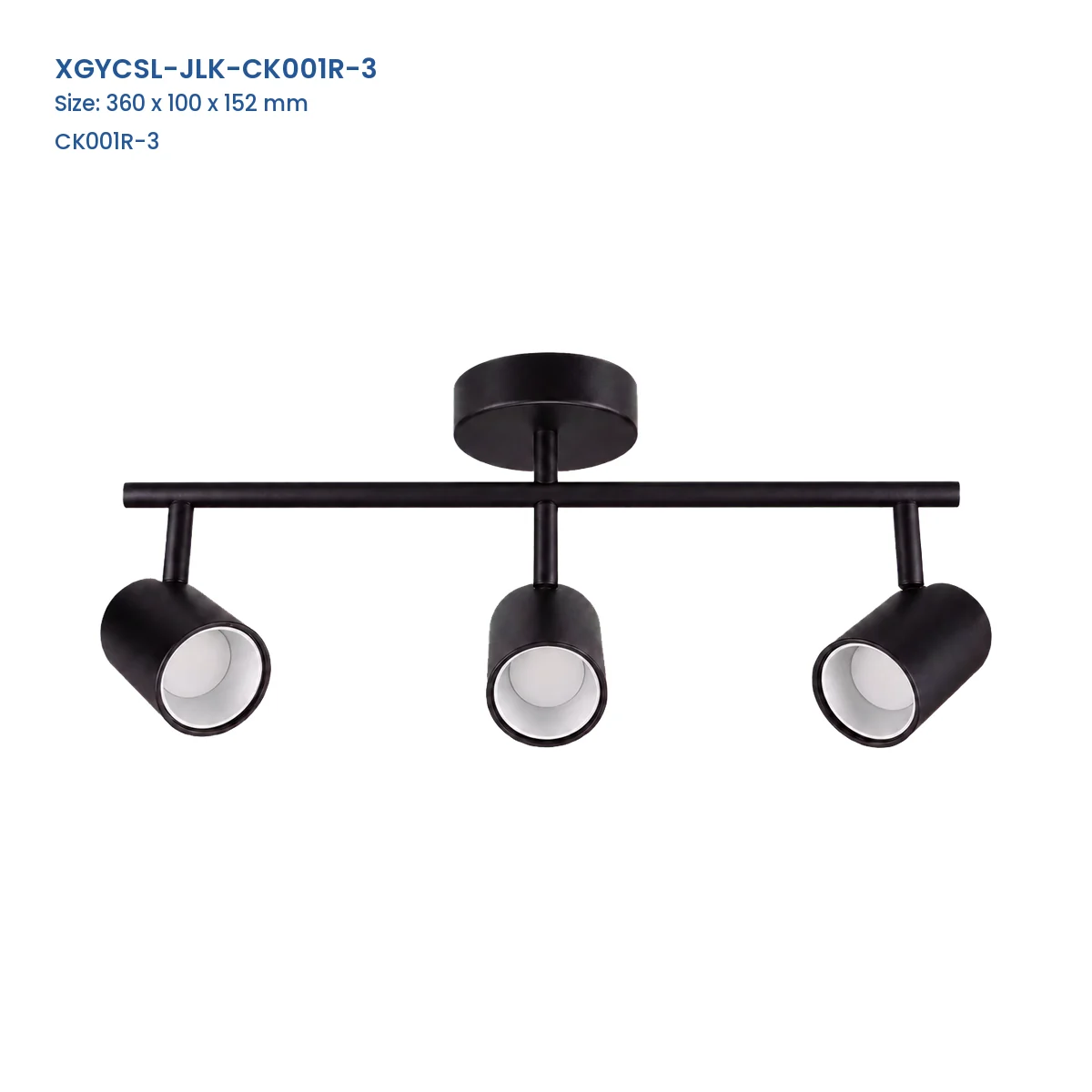 XGYCSL-JLK-CK001R-3 black 3-head surface-mounted spotlight housing, 360 x 100 x 152 mm