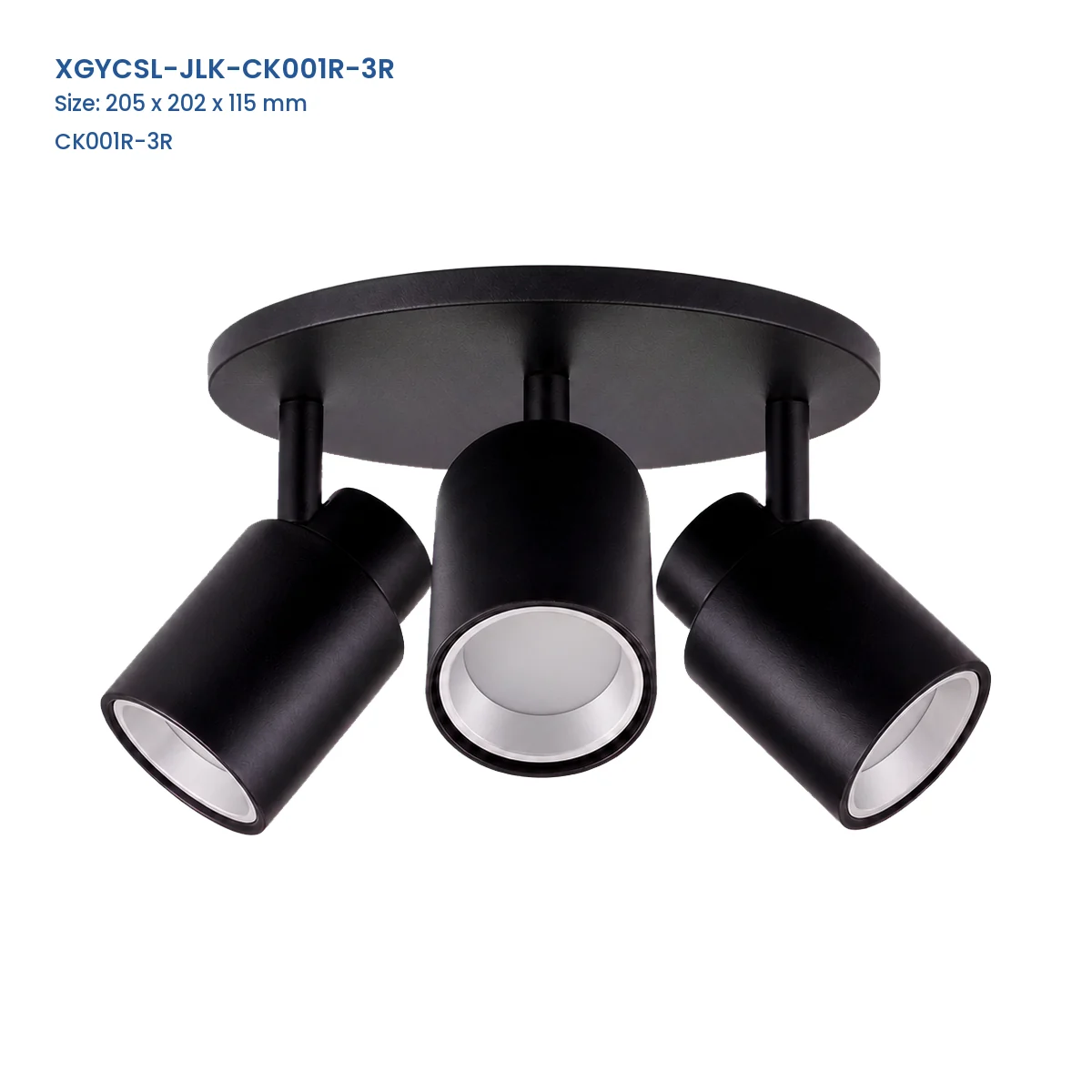 XGYCSL-JLK-CK001R-3R black 3-head surface-mounted spotlight housing, 205 x 202 x 115 mm