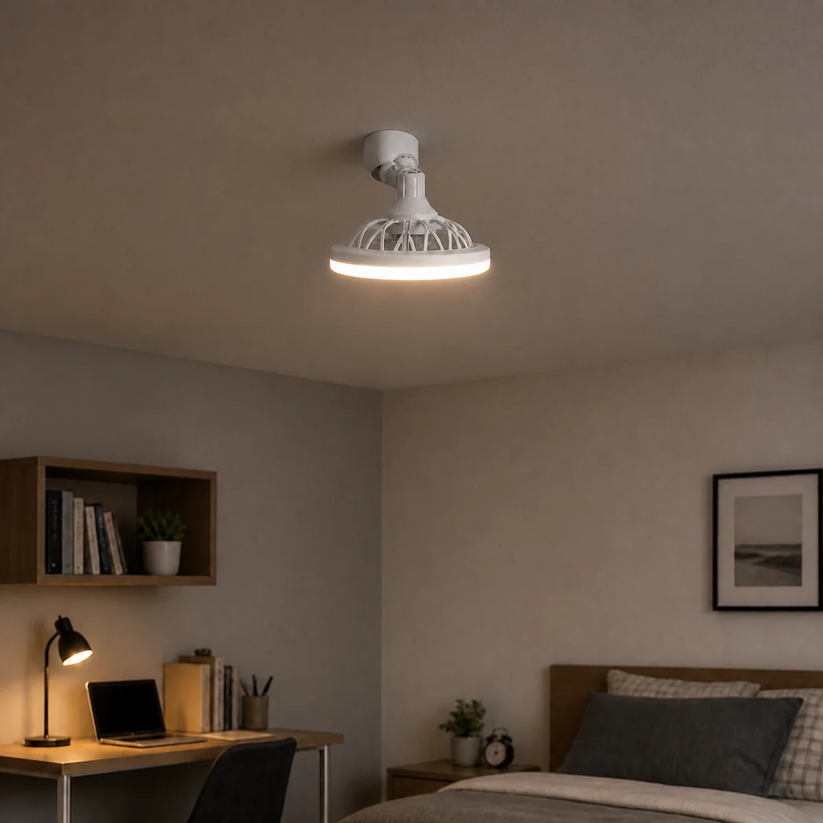 universal-head E27 LED fan light installed in a protected indoor room