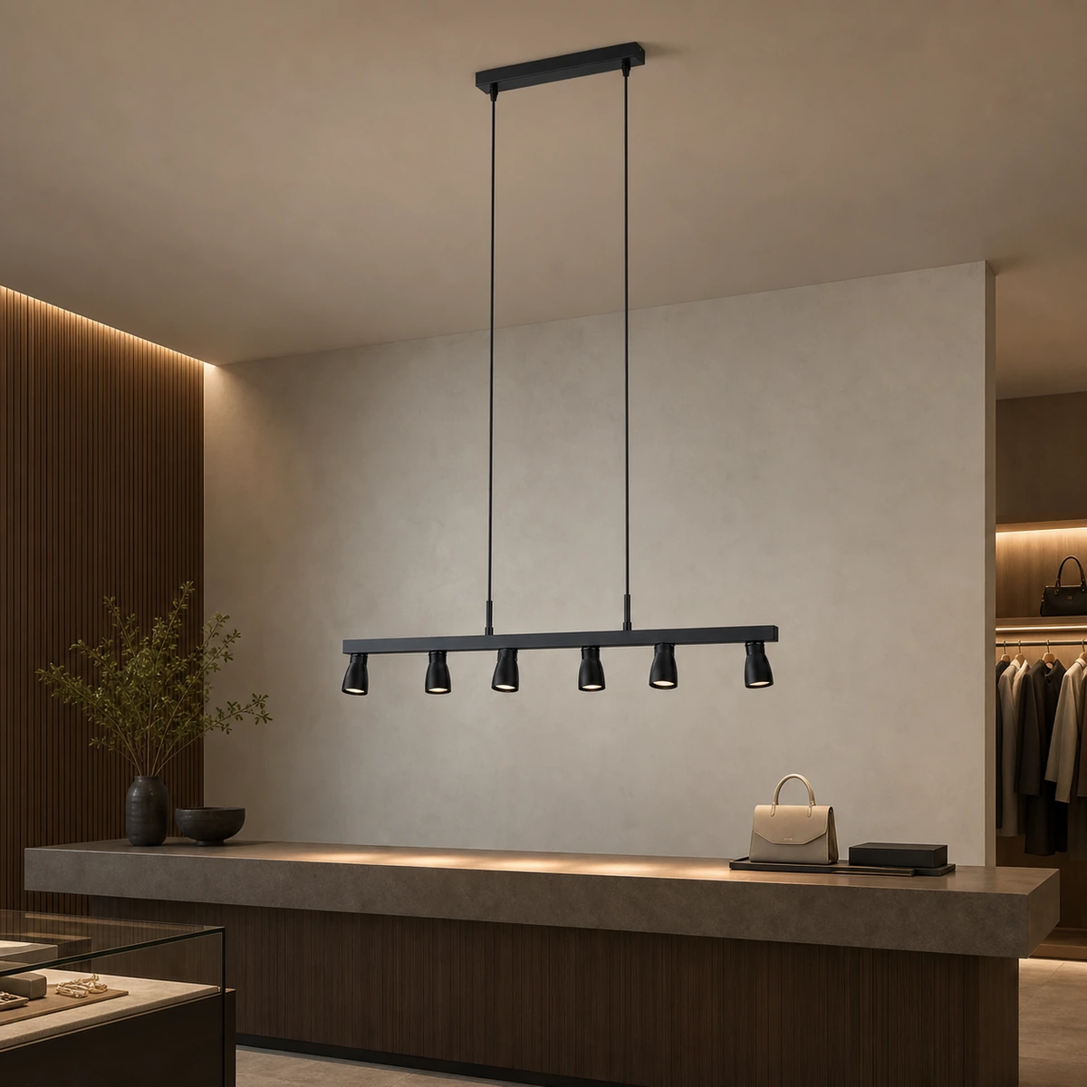 HSL-RB6H six-head integrated LED spotlight suspended above an indoor retail counter