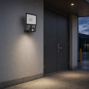 Infrared sensor LED flood light installed on an exterior wall