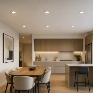 Aluminium small panel lights installed in a kitchen and dining area