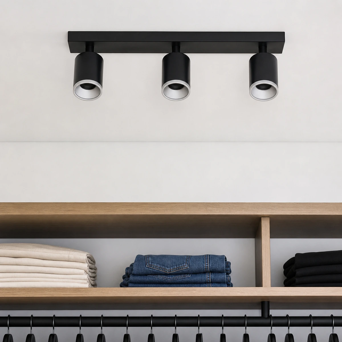 linear multi-head gu10/mr16 spotlight housings installed in a dry indoor display area