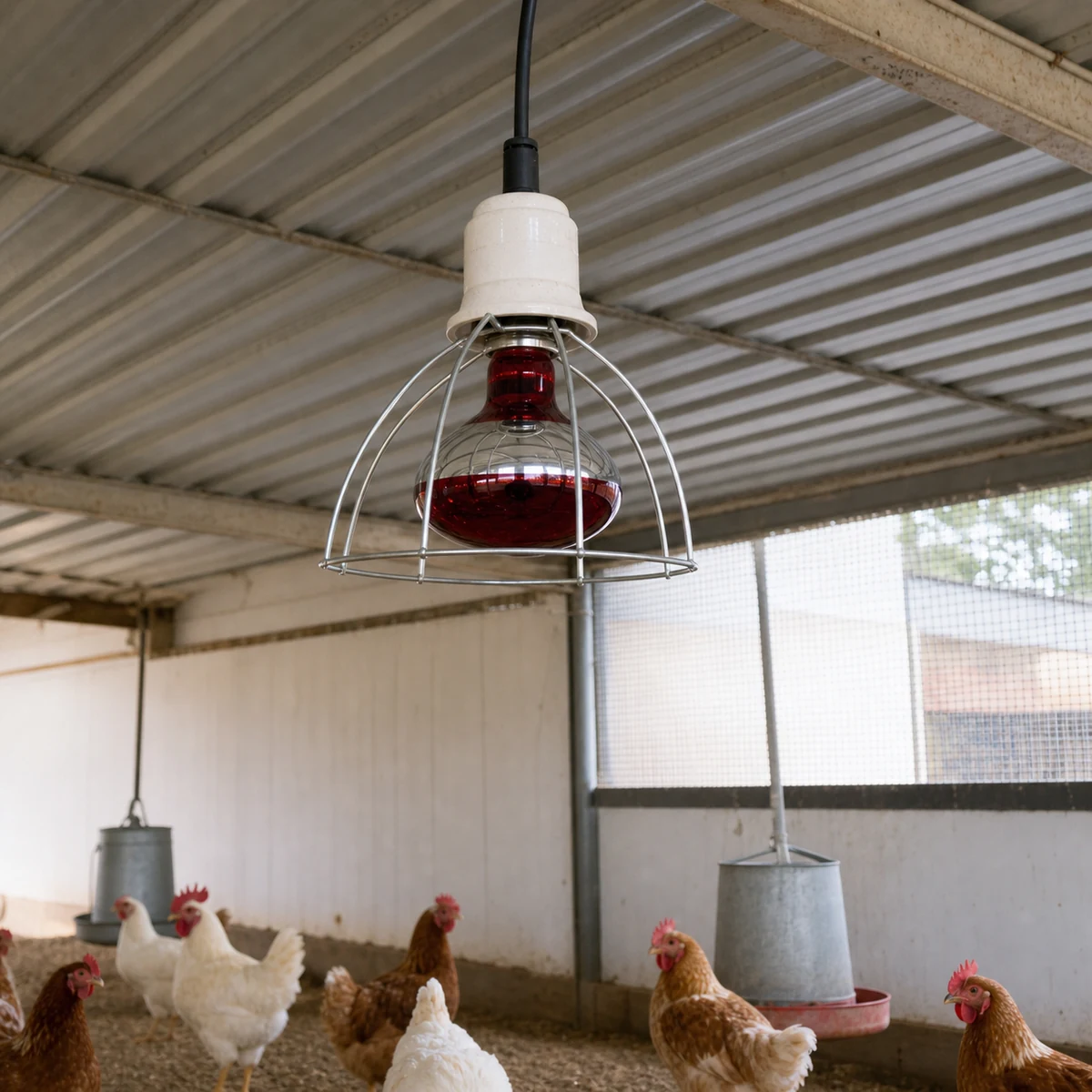 Unlit red R125 incandescent reflector lamp installed base-up in guarded indoor poultry equipment