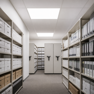 Backlit sensor LED panels installed in an indoor archive room ceiling